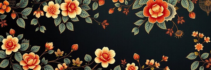 Lush and intricate Korean traditional ornament background featuring delicate floral motifs and vibrant colors, colors, ornament