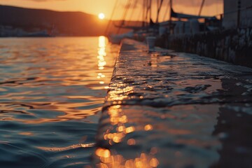 Poster - A serene scene with the sun dipping below the horizon, reflected on the surface of a peaceful lake or ocean