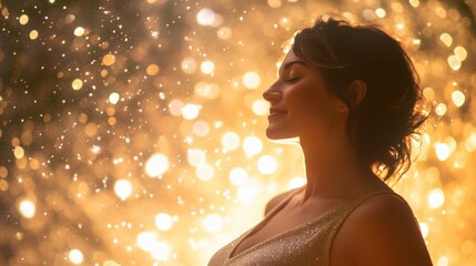 Poster - A person stands near a flowing water fountain