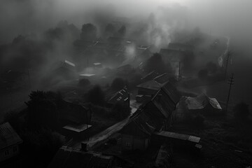 Poster - A black and white photo of a town shrouded in fog, with misty atmosphere