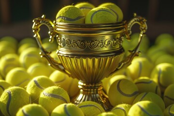 Poster - A golden trophy surrounded by tennis balls on a white background