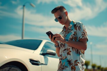 Aufkleber - A person standing next to a white vehicle, focused on their mobile device