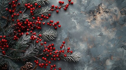 Aufkleber - Close-up of a pine branch featuring bright red berries, ideal for use in nature-inspired designs or as a symbol of warmth and coziness