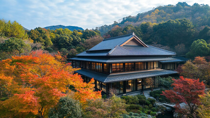 Aufkleber - A traditional Japanese house sits amidst a vibrant autumn forest. The warm colors of the maple leaves contrast beautifully with the dark wood of the building
