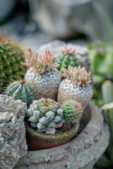 Poster - A group of succulent plants growing on top of a rock, with green and blue tones