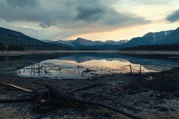 Poster - A serene view of a lake surrounded by mountains at sunset