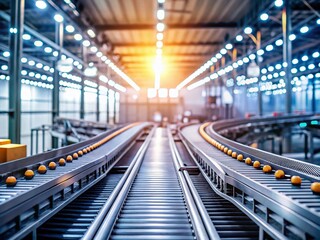 Poster - Minimalist Graphic of a Network of Conveyor Belts in a Modern Packaging Plant with Bokeh Effect and Soft Focus Background, Showcasing Industrial Automation and Efficiency