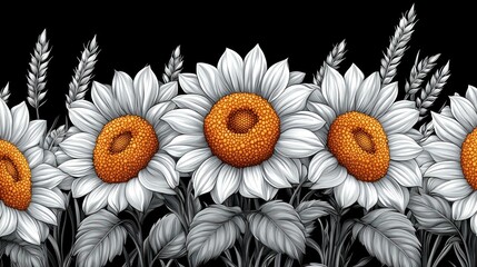 Wall Mural - A highly detailed 3D outline of bright wild sunflowers standing among wheat stalks.