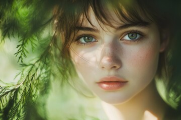 Poster - Portrait of a woman with a tree visible in the background, suitable for use in nature-inspired designs or environmental themes