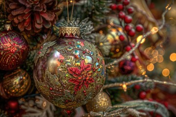 Poster - A close-up view of a Christmas ornament hanging from a decorated tree