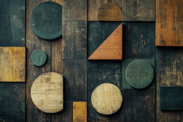 Poster - a wooden wall featuring various geometric shapes and patterns