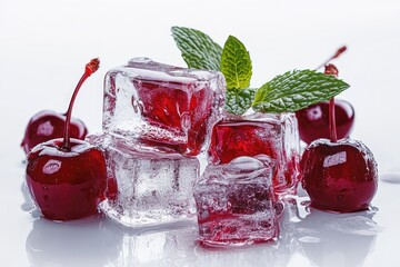 Poster - A stack of clear ice cubes topped with juicy red cherries, great for a refreshing summer drink or as a decorative centerpiece