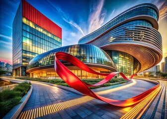 Poster - Modern Architectural Photography Featuring a Dynamic Ribbon Structure in a Futuristic Cityscape with Intricate Designs and Vibrant Colors, Highlighting Innovation and Creativity in Urban Design