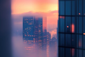 Sticker - A view of a city skyline at dusk seen through a window, great for travel or architecture stock photos