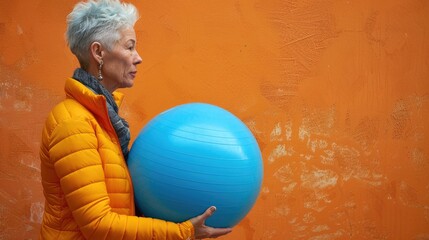 Poster - A person holds a blue ball against an orange textured surface