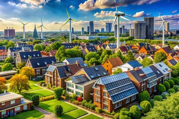 Poster - Modern Green Cityscape Featuring Sustainable Architecture with Solar Panels and Wind Turbines, Emphasizing Eco-Friendly Urban Living and Renewable Energy Solutions in a Vibrant Environment