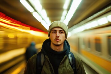 Aufkleber - A person stands outside a subway entrance, wearing a backpack and looking ready to travel