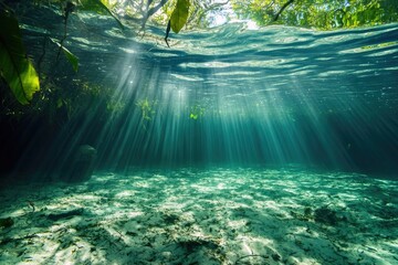 Poster - A serene scene of sunlight filtering through the water in a tropical lagoon, ideal for travel or relaxation images