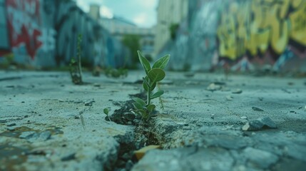 Poster - A small plant grows out of a crack in the ground, symbolizing resilience and new life