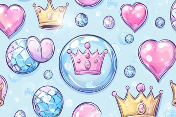Poster - A collection of colorful bubbles decorated with crowns and hearts