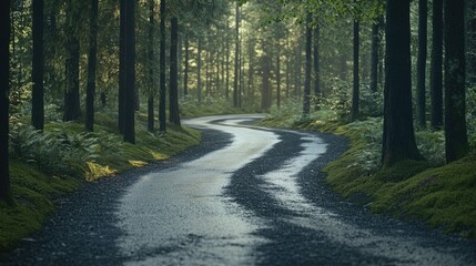 Poster - A winding road surrounded by trees and foliage, perfect for nature or travel themed projects