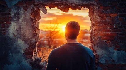 Aufkleber - A person looking outside as the sun sets, potential use in architecture or interior design contexts