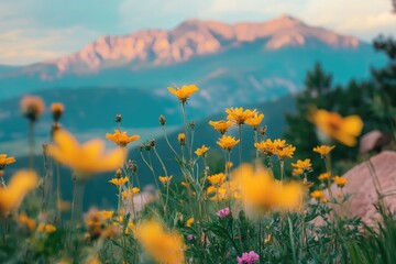 Poster - A field of bright yellow flowers with majestic mountains in the background