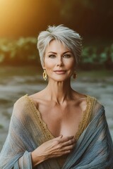 Wall Mural - Portrait of a Beautiful Mature Woman with Gray Hair, Wearing a Flowing Top, Posing in Nature.