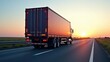 © CoveRipple - Red semi-truck on road at sunset, cargo area, license plate holder