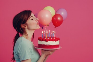 Aufkleber - A woman blows out the candles on a birthday cake, a joyful moment in celebration of a special day