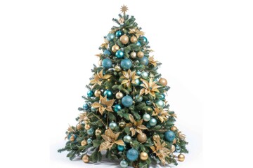 Poster - A beautifully decorated Christmas tree adorned with golden and blue ornaments, ideal for holiday events or festive celebrations