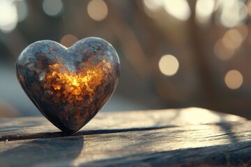 Poster - A heart-shaped object sits atop a wooden table, perfect for romantic gestures or decorative purposes