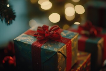 Aufkleber - A small blue gift box wrapped with a bright red ribbon, perfect for presents and celebrations