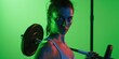 © Vii - A woman holding a barbell in front of a green background, great for fitness and exercise illustrations