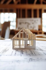 Poster - A model of a house sitting on a blueprints, ideal for architecture or design projects