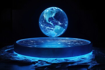 Poster - Floating Earth globe with illuminated base, dark background, detailed continents
