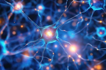Poster - Neurons interconnected in blue and orange hues, showcasing neural network structure