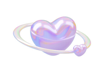 Wall Mural - 3d holo planetary heart with rings and heart satellite. galaxy love planet, romantic futuristic shap