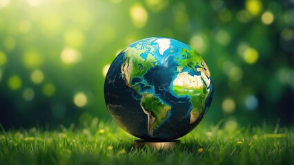  Save the Earth concept with a globe in the grass and bokeh background.-