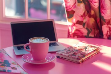 Poster - A laptop computer sitting on a pink table