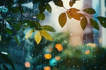 Poster - A close-up shot of a rain-soaked window with leaves and lights in the background, perfect for use in autumn-themed designs or as a creative element in nature-inspired projects
