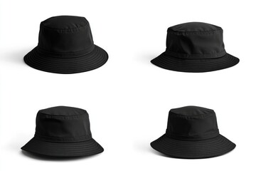 Poster - Four black bucket hats placed neatly on a white background