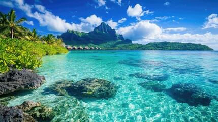 Poster - A serene tropical beach scene with crystal-clear water and majestic mountains in the background