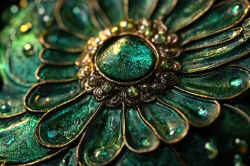 Poster - A close-up view of a small, detailed green broochle sitting on a table