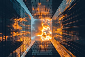 Aufkleber - A towering skyscraper rises from the clouds, its peak shrouded in mist