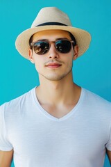 Aufkleber - A young man wearing a hat and sunglasses, ideal for use in images about fashion, casual style, or street photography