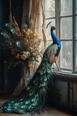 Poster - A colorful peacock sits on a windowsill next to a vase of fresh flowers