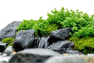 Poster - A small waterfall flows over rocks and plants in a serene environment