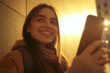 Aufkleber - A woman smiles and looks at her cell phone with happiness