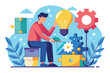 © Ifti Digital - A man engages in creative thinking, assembling puzzle pieces and a light bulb in a vibrant workspace Man working on puzzle bulb idea, flat illustration.